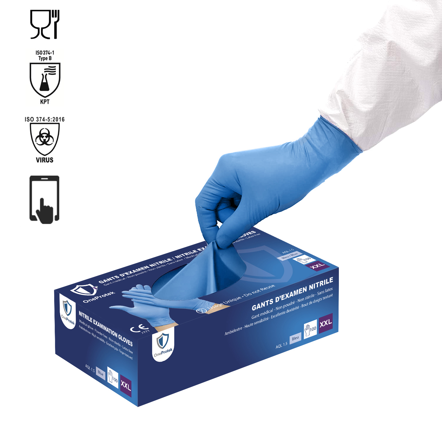 Gants Vinyle Bleu poudrés Taille L (Boite de 100) - FM Medical